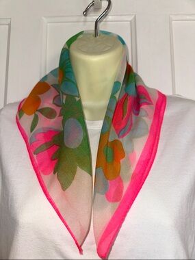 Vintage 60s/70s Flower Power Semi Sheer Scarf - Neon Pink & Aqua Floral Print